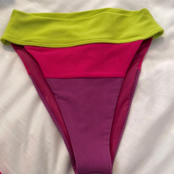 BEACH RIOT Alexis Colorblock Ribbed Bikini Bottoms High Waisted Lime Punch XS - Picture 4 of 7
